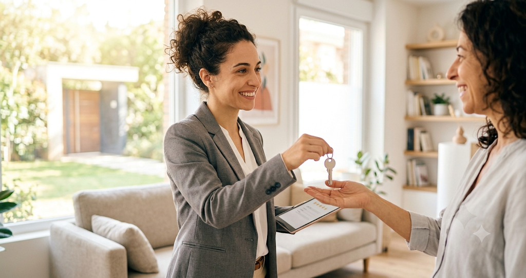 Agente inmobiliario entregando las llaves a un cliente satisfecho tras  cerrar una operación de compraventa, en el interior luminoso de una vivienda